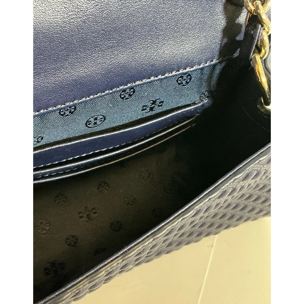 Tory Burch Marion Embossed Shrunken Shoulder Bag In Navy Mini Leather $295 - Picture 6 of 8